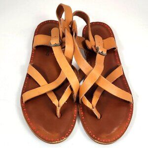 Lucky Brand Women's Tan Leather Sandals Side Buckle Festive Border Design, sz 5